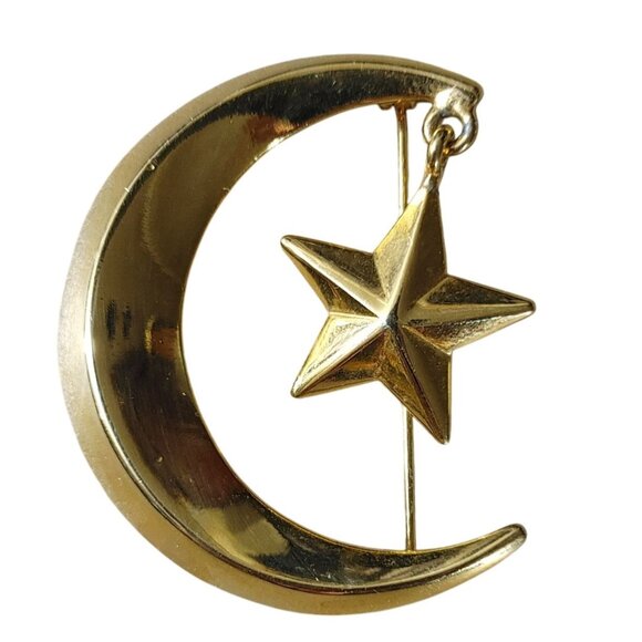 Vittorio Gold Tone Brooch Pin Vintage Crescent Moon Dangling Star Celestial - Picture 1 of 9